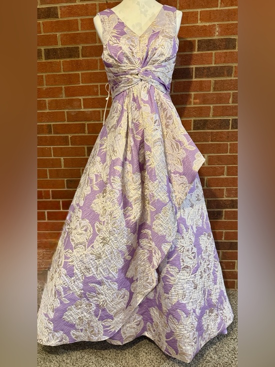 Shirees Dresses & Skirts - Shirees Lavender, White & Gold Metallic Floral Jacquard Twist-Front A-line Gown